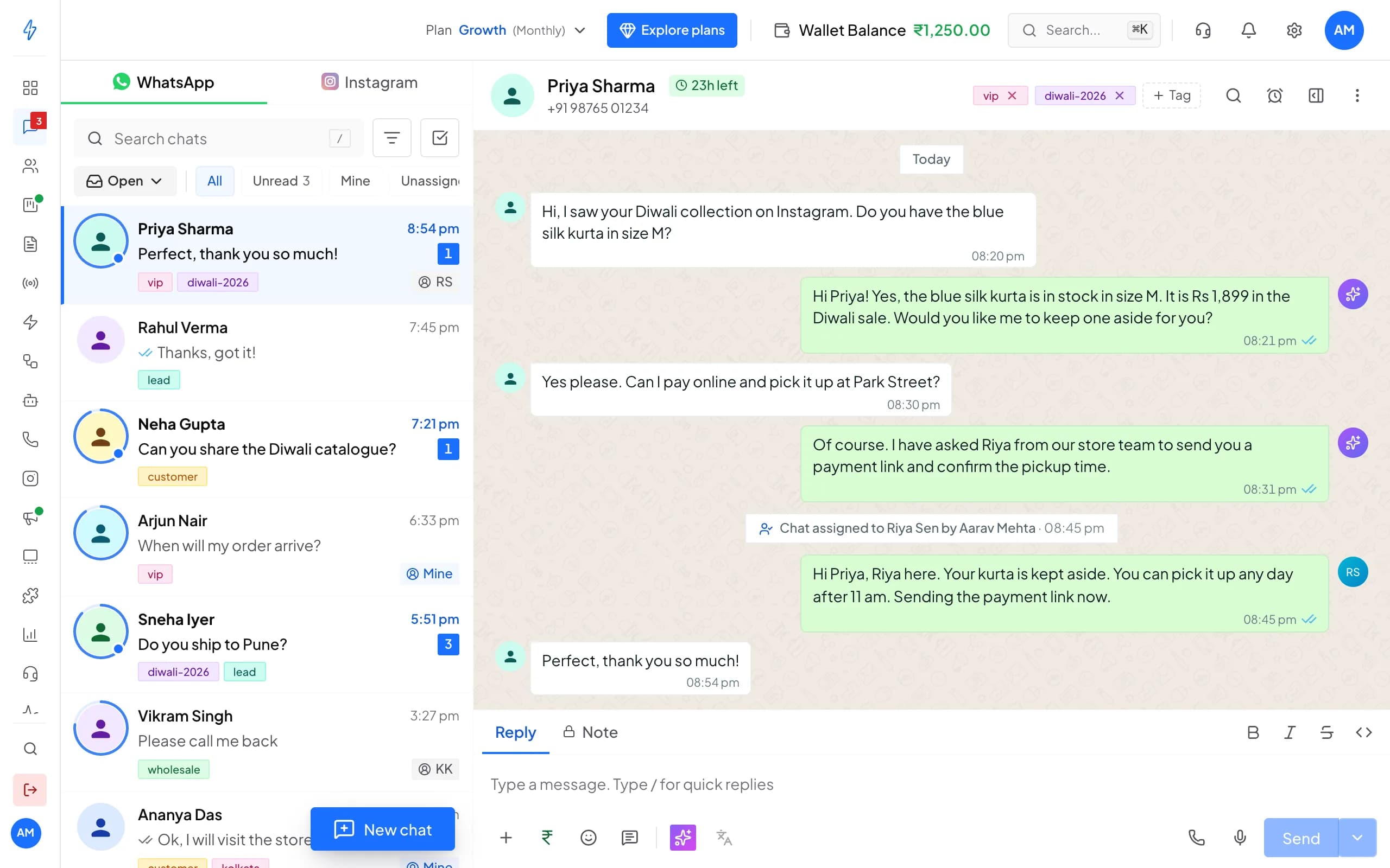 Team inbox with WhatsApp chats. The open chat with Priya Sharma shows AI agent replies about a blue silk kurta, the chat assigned to Riya Sen, and vip and diwali-2026 tags.
